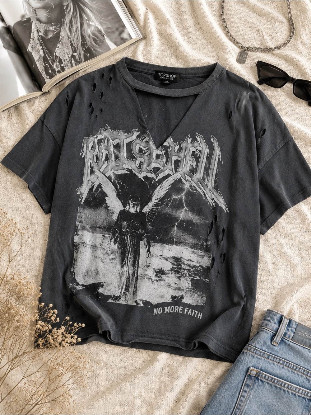 Topshop Raise Hell Distressed Graphic Tee Grunge Choker Top US 6 - Picture 2 of 10
